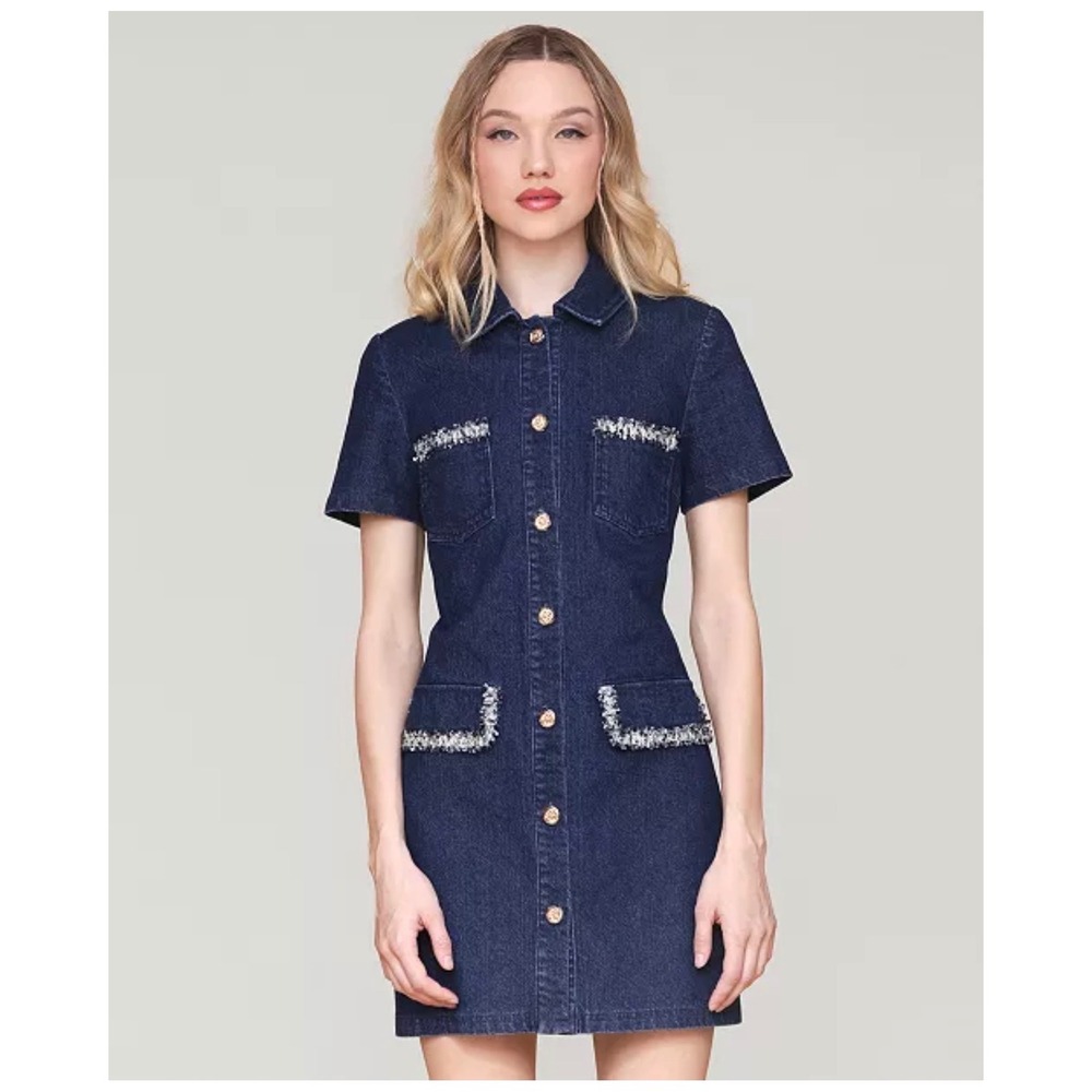 Avec Les Filles Navy Blue Denim Mini Dress with Fringe Trim